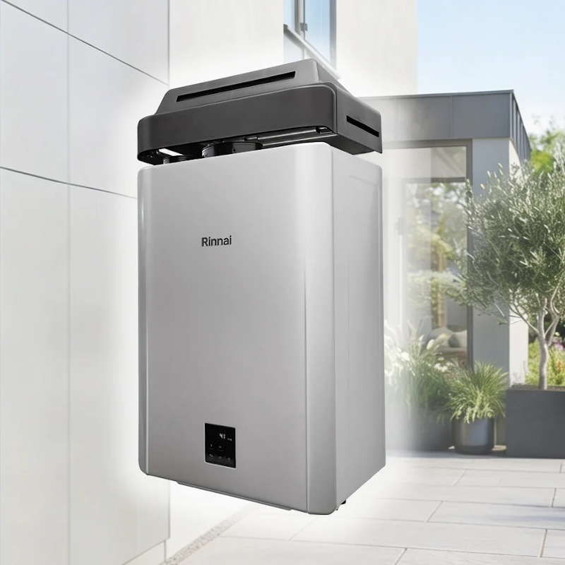 Pack preparado para instalación exterior La gran diferencia de esta versión es su configuración para exterior mediante el accesorio R-REU-OVC. El adaptador permite que el RINNAI Infinity funcione al aire libre sin necesidad de conectar un sistema convencional de evacuación de los productos de combustión. Rinnai especifica que el equipo configurado con este adaptador debe instalarse en una ubicación exterior adecuada, abierta y ventilada. Esto simplifica considerablemente determinadas instalaciones en terrazas, patios y otras zonas exteriores apropiadas, evitando tener que desarrollar una chimenea como la necesaria en su configuración interior.